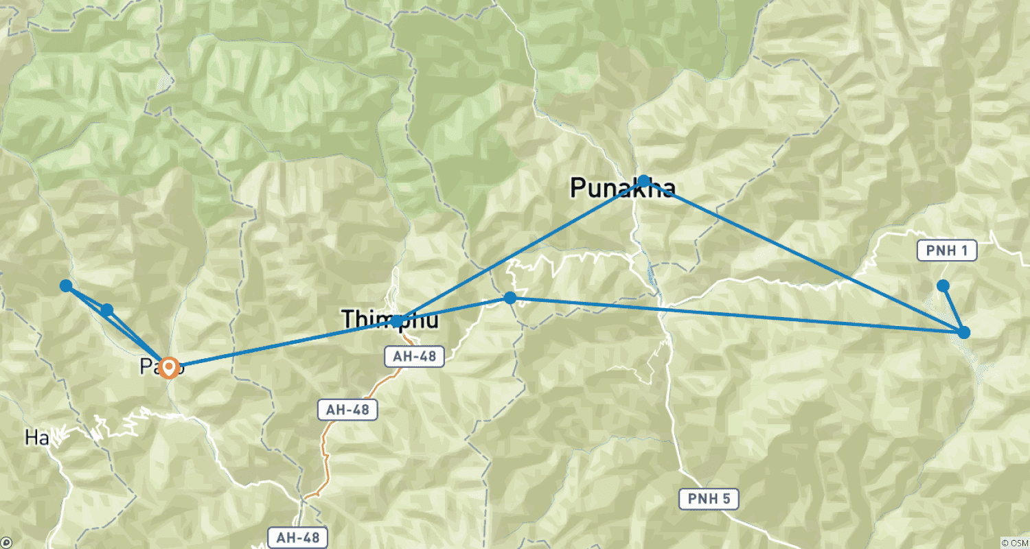 Mapa do percurso de Butão, excursão de 8 dias (Mediante Pedido)