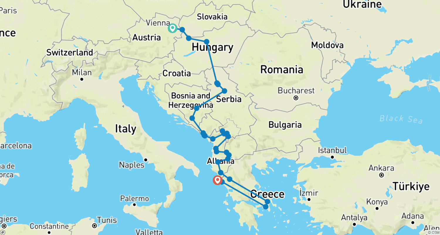 Mapa do percurso de Viena a Atenas / Corfu; Tour Semiprivado com Líder de Tour Dedicado e Carro