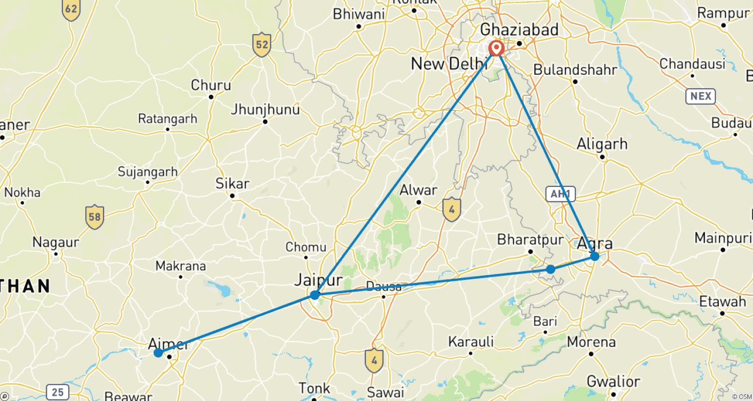 Mapa do percurso de Excursão Triângulo Dourado com Pushkar