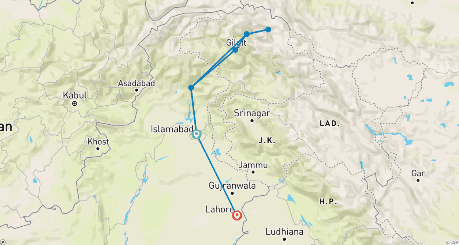 Mapa do percurso de 10 Dias Festival Tagham Vale de Shimshal Hunza, Paquistão