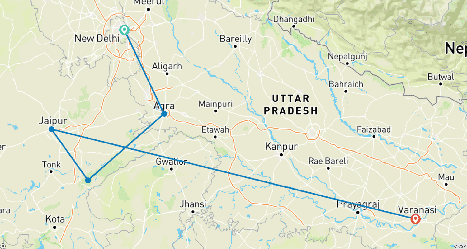 Mapa do percurso de Triângulo Dourado com Safári de Vida Selvagem em Ranthambore e Varanasi com Hotéis 4 Estrelas