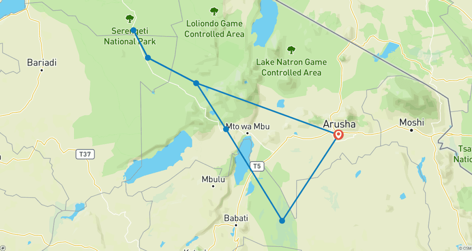 Mapa trasy: 4-dniowe safari po Tanzanii