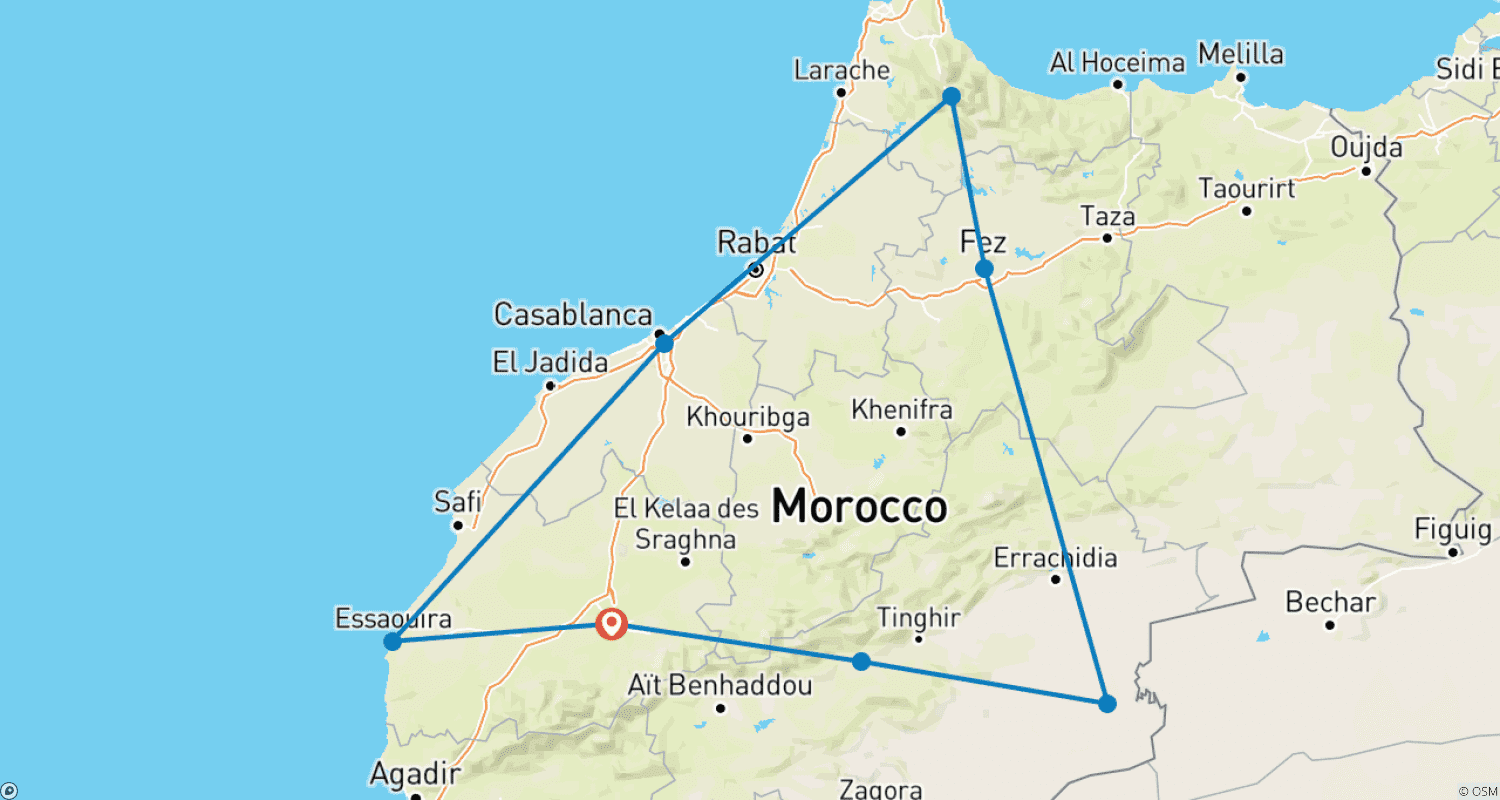 Mapa do percurso de Totalmente Marrocos - Excursão Privada de 10 Dias saindo de Marrakech
