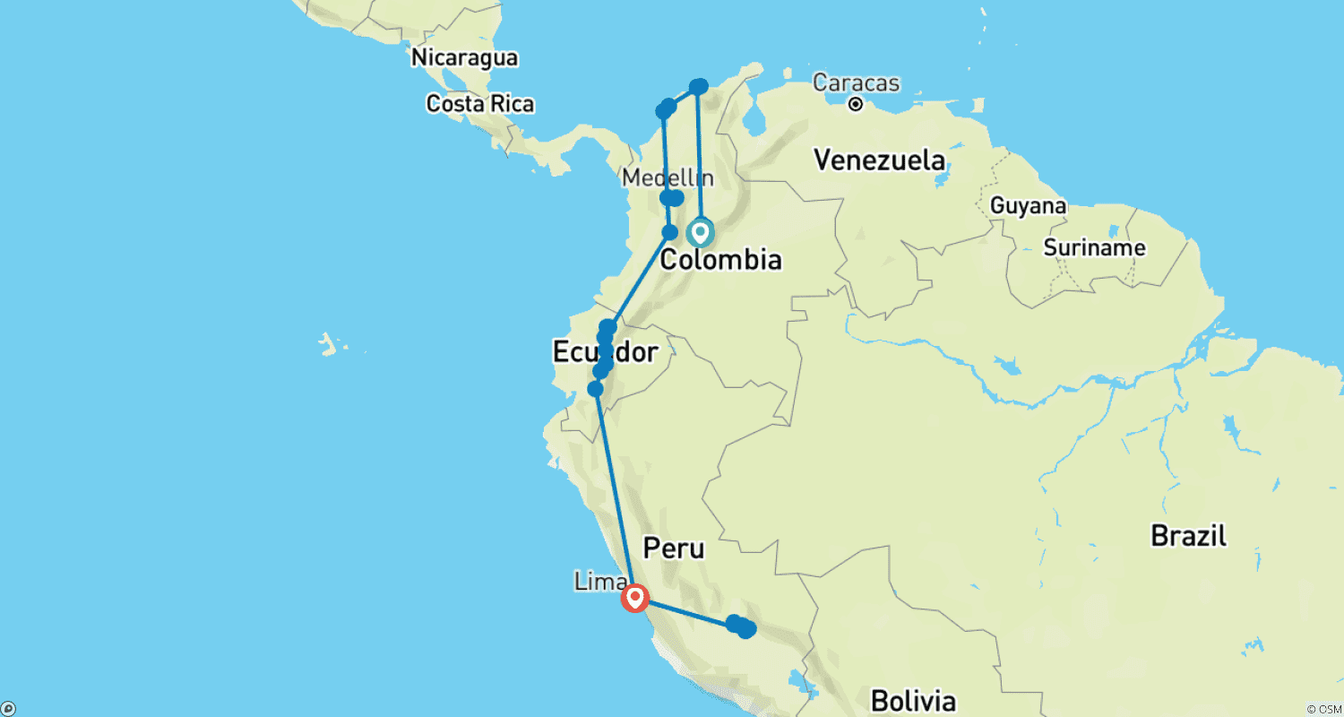 Mapa do percurso de Colômbia, Equador e Peru Expresso: Aventura Andina Tour de 22 Dias
