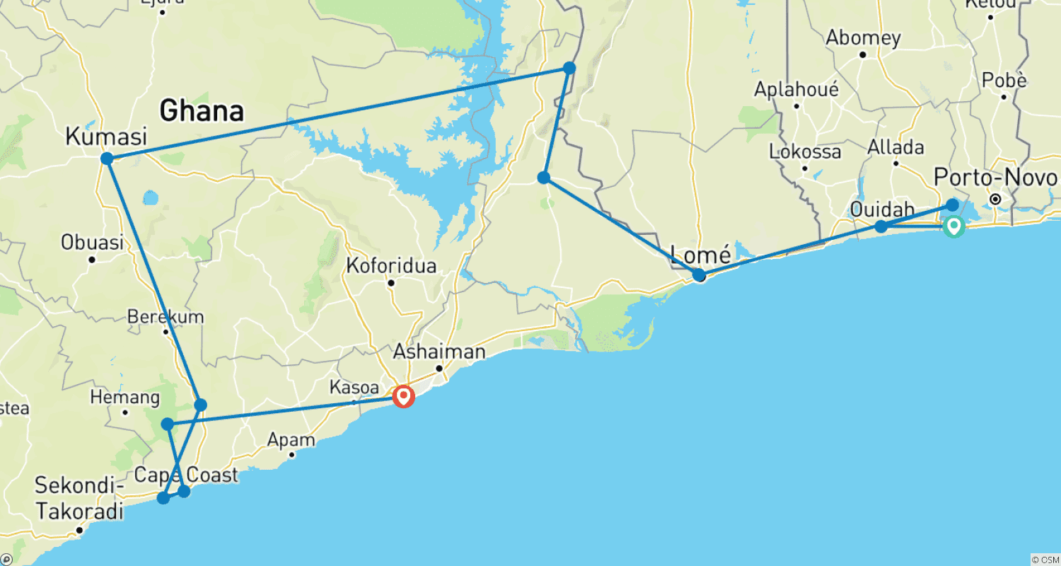 Mapa trasy: Explore Benin, Togo & Ghana 14-days