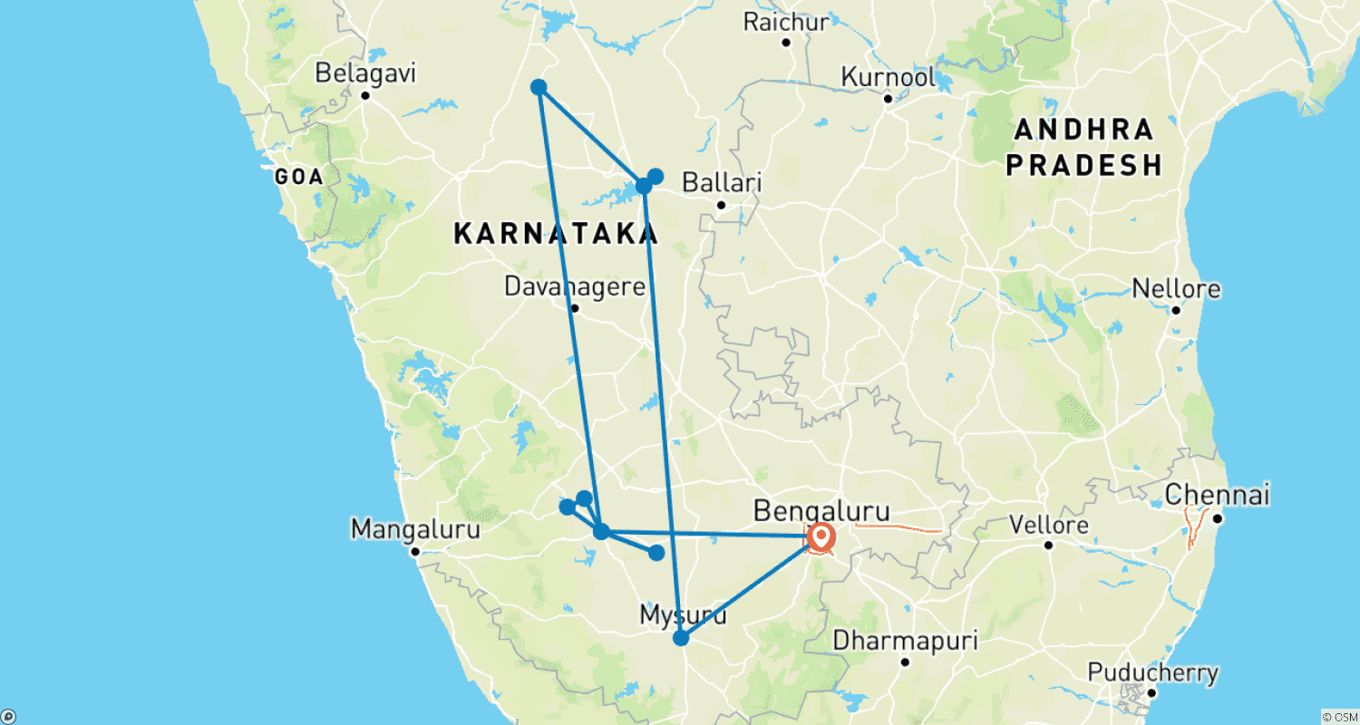 Mapa trasy: Wspaniała 10-dniowa wycieczka po świątyniach Południowych Indii z Bangalore (ALL INCLUSIVE)