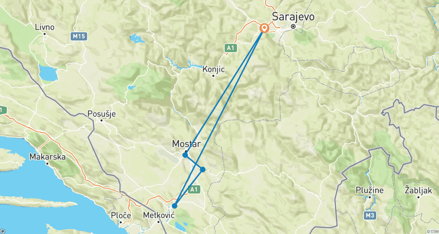 Mapa trasy: Discover Sarajevo and Bosnia Herzegovina , 4 days Tour