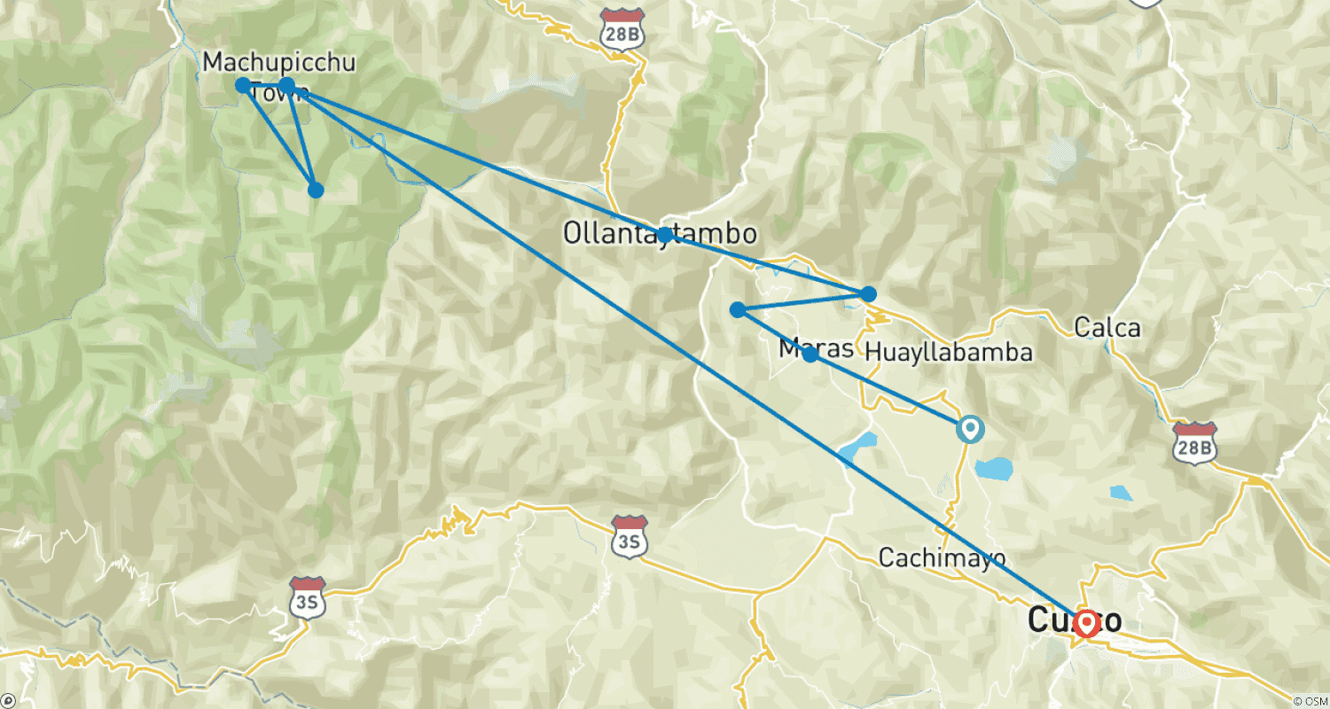 Mapa do percurso de Vale Sagrado a Machu Picchu Tour Premium 2D-1N + Lagoa Humantay Dia Inteiro ou Montanha Colorida