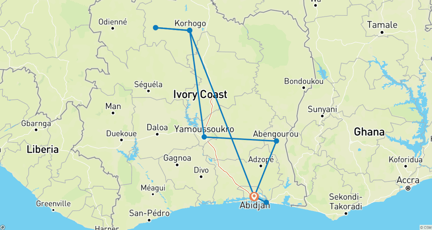 Mapa do percurso de Excursão Cultural e Histórica pela Costa do Marfim, 8 Dias