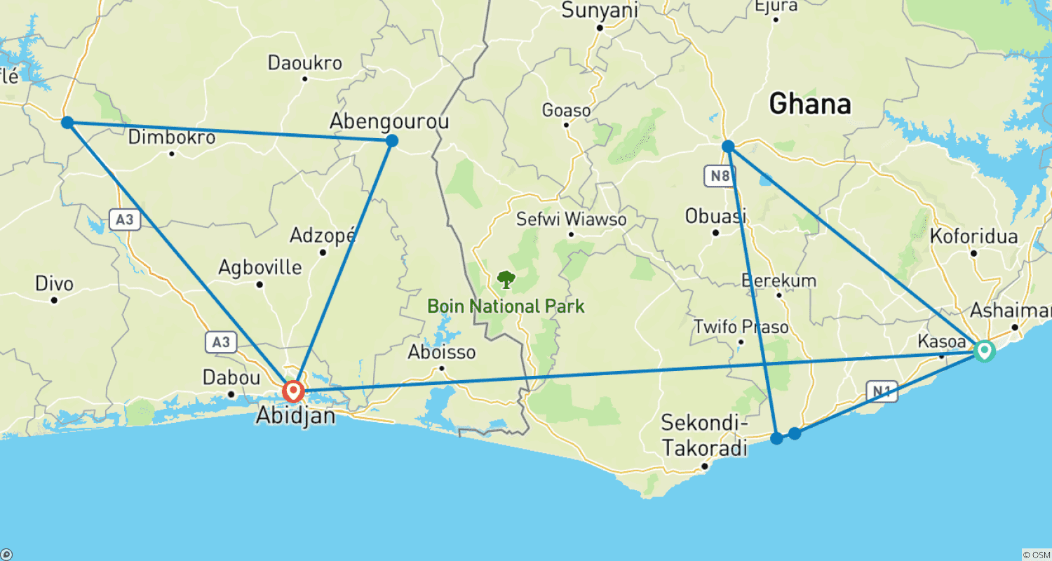 Mapa do percurso de Explore Ghana & Cote D’Ivoire – 10 Days