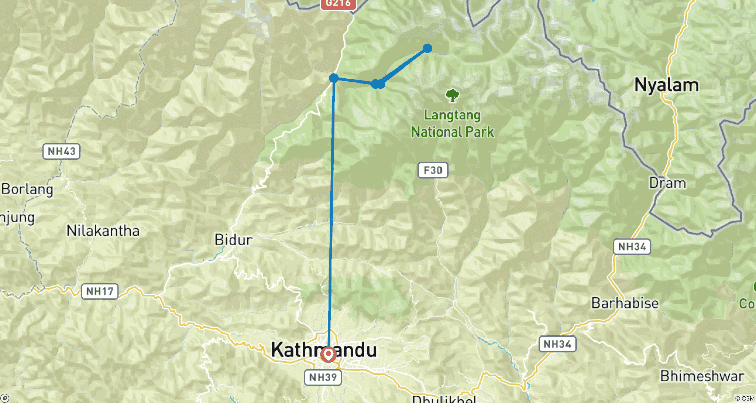Langtang Valley Trek - 7 Daysのルートマップ