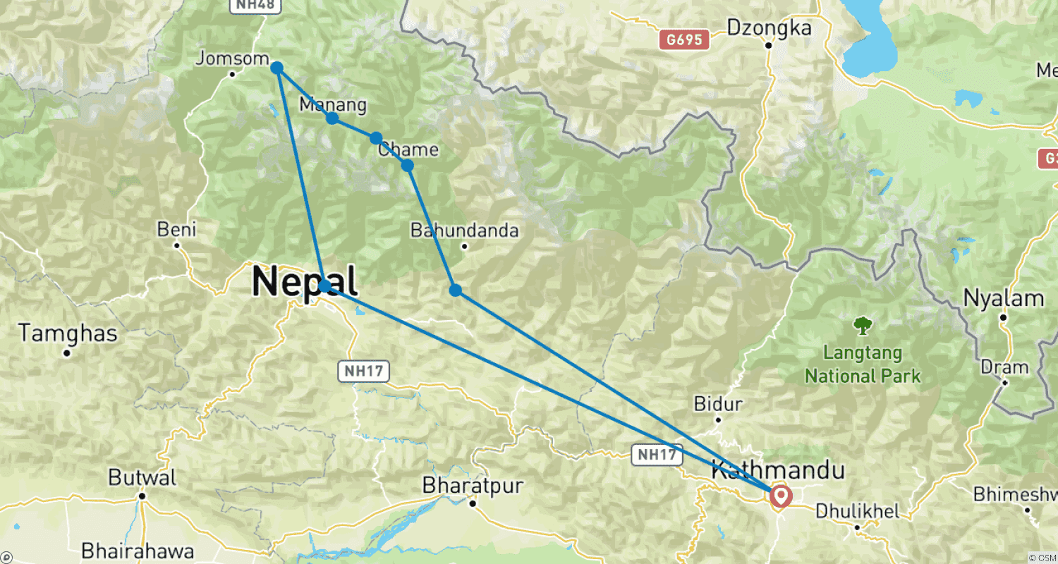 Mapa do percurso de Caminhada Expressa pelo Circuito Annapurna - 11 Dias