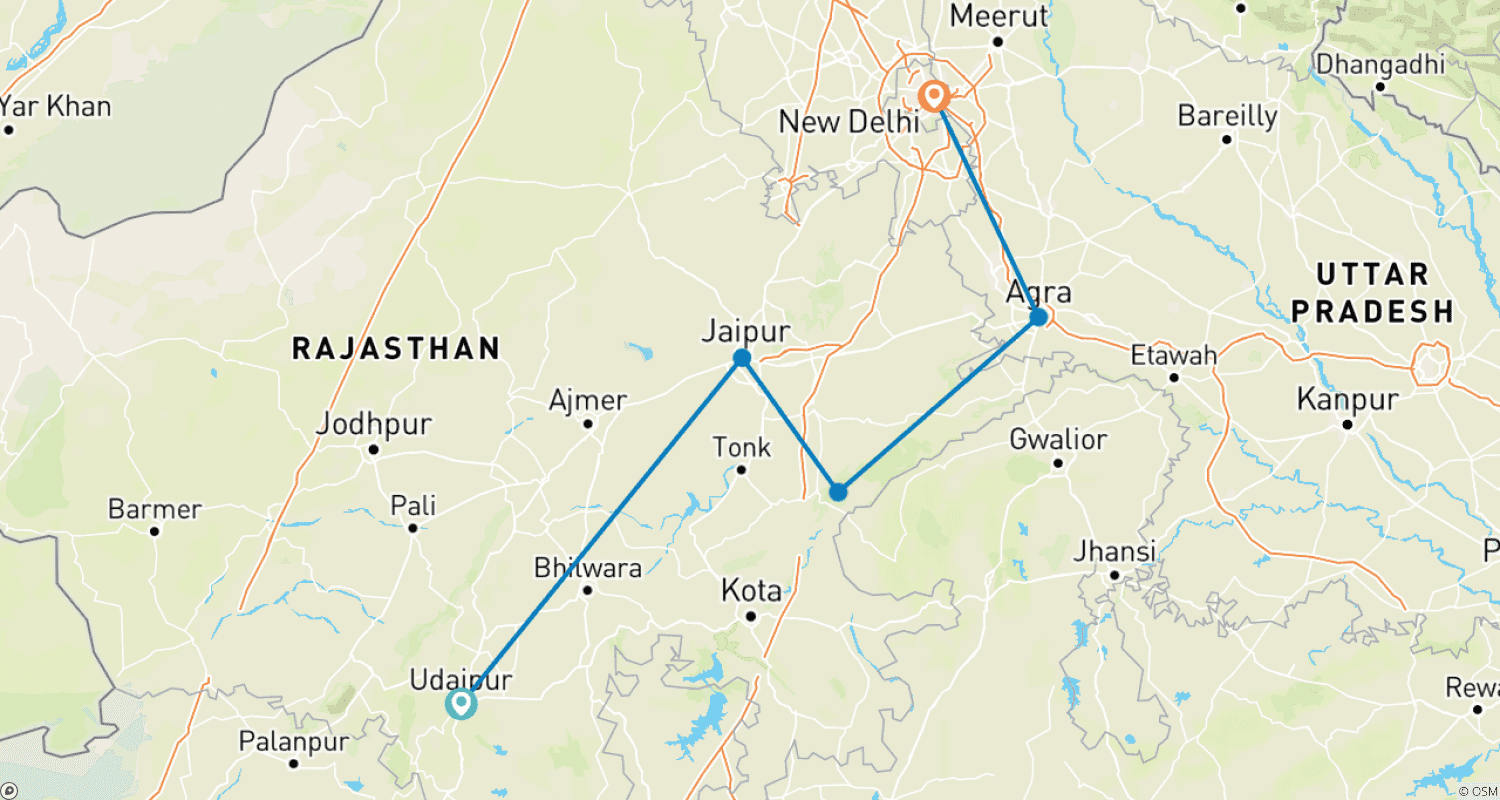Mapa do percurso de Famoso Tour de 10 Dias pelo Triângulo Dourado com Udaipur e Ranthambore
