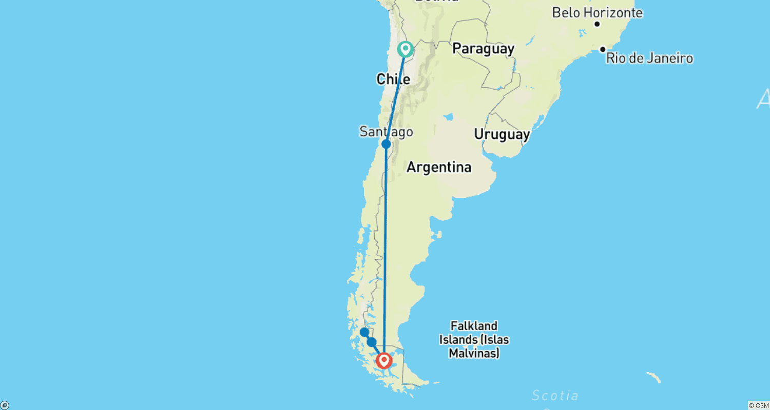 خريطة مسار 8 أيام تجربة في San Pedro de Atacama وTorres del Paine National Park