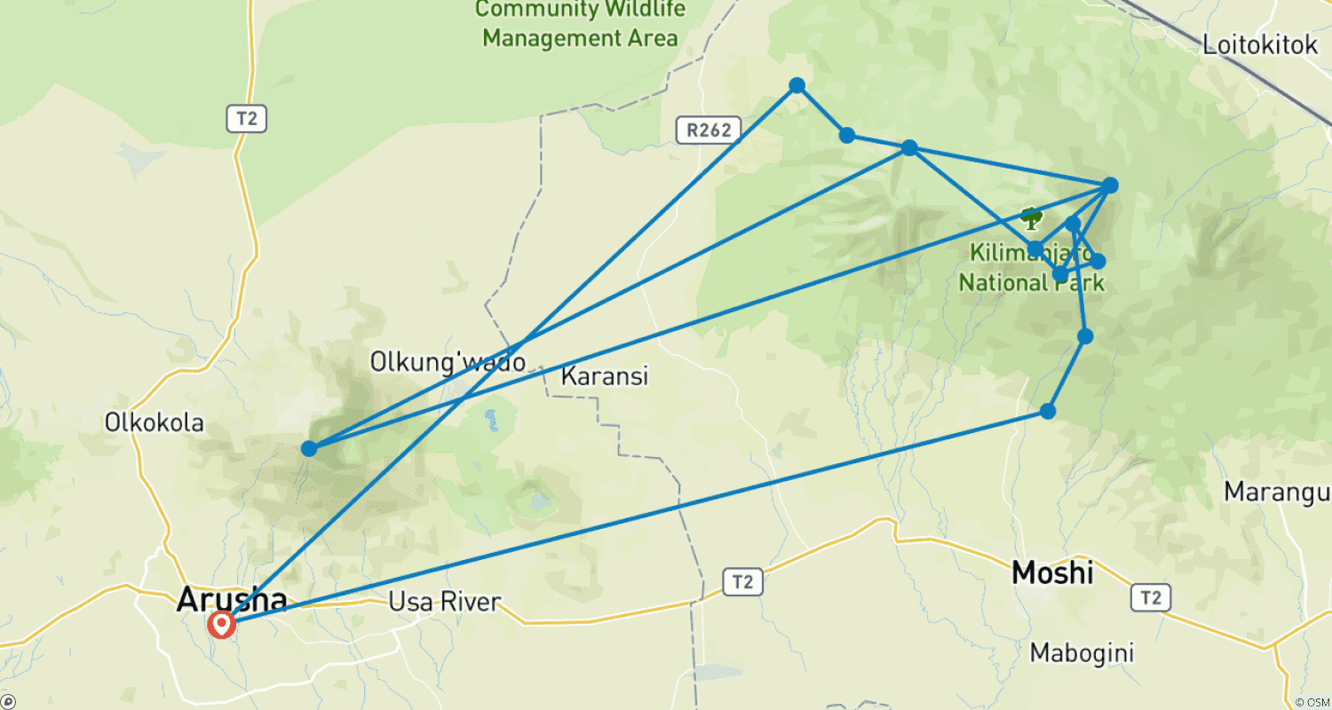 8 Days Mount Kilimanjaro climbing Safariのルートマップ