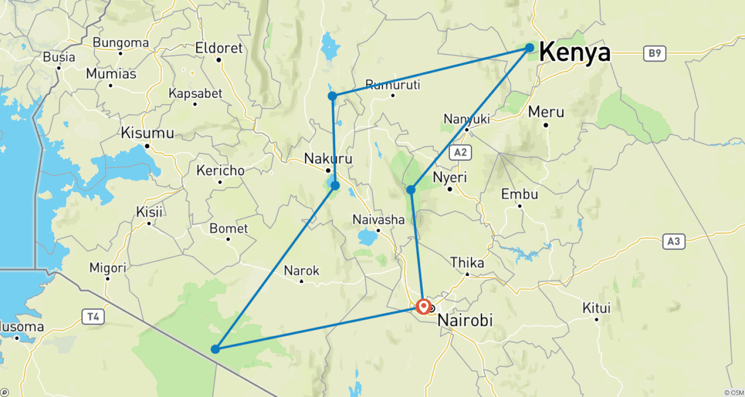 Mapa do percurso de Safari de 9 Dias em Lodge no Quênia para Ark Lodge - Samburu - Bogoria e Masai Mara