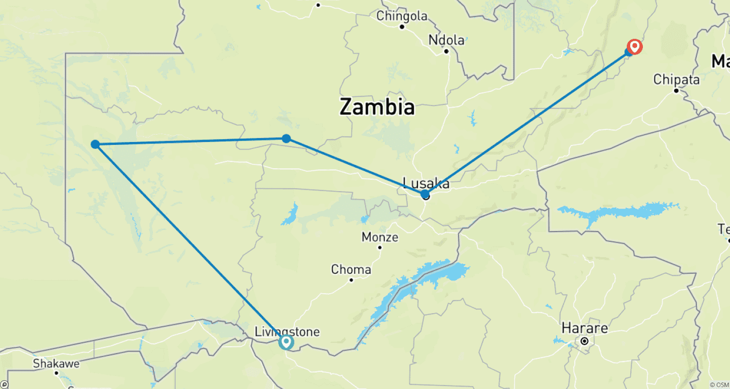 Liuwa、Kafue、South Luangwa国立公園 - ザンビアの荒野を探検のルートマップ