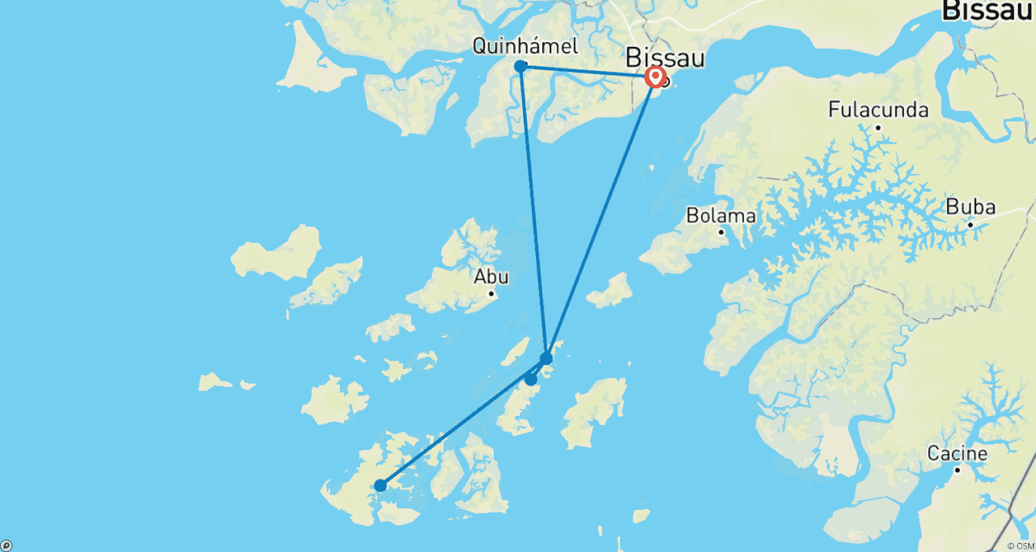 Mapa do percurso de Aventura nas Ilhas da Guiné-Bissau