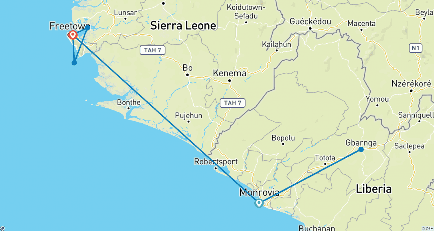 Mapa do percurso de Tour Cultural e Histórico da Libéria e Serra Leoa
