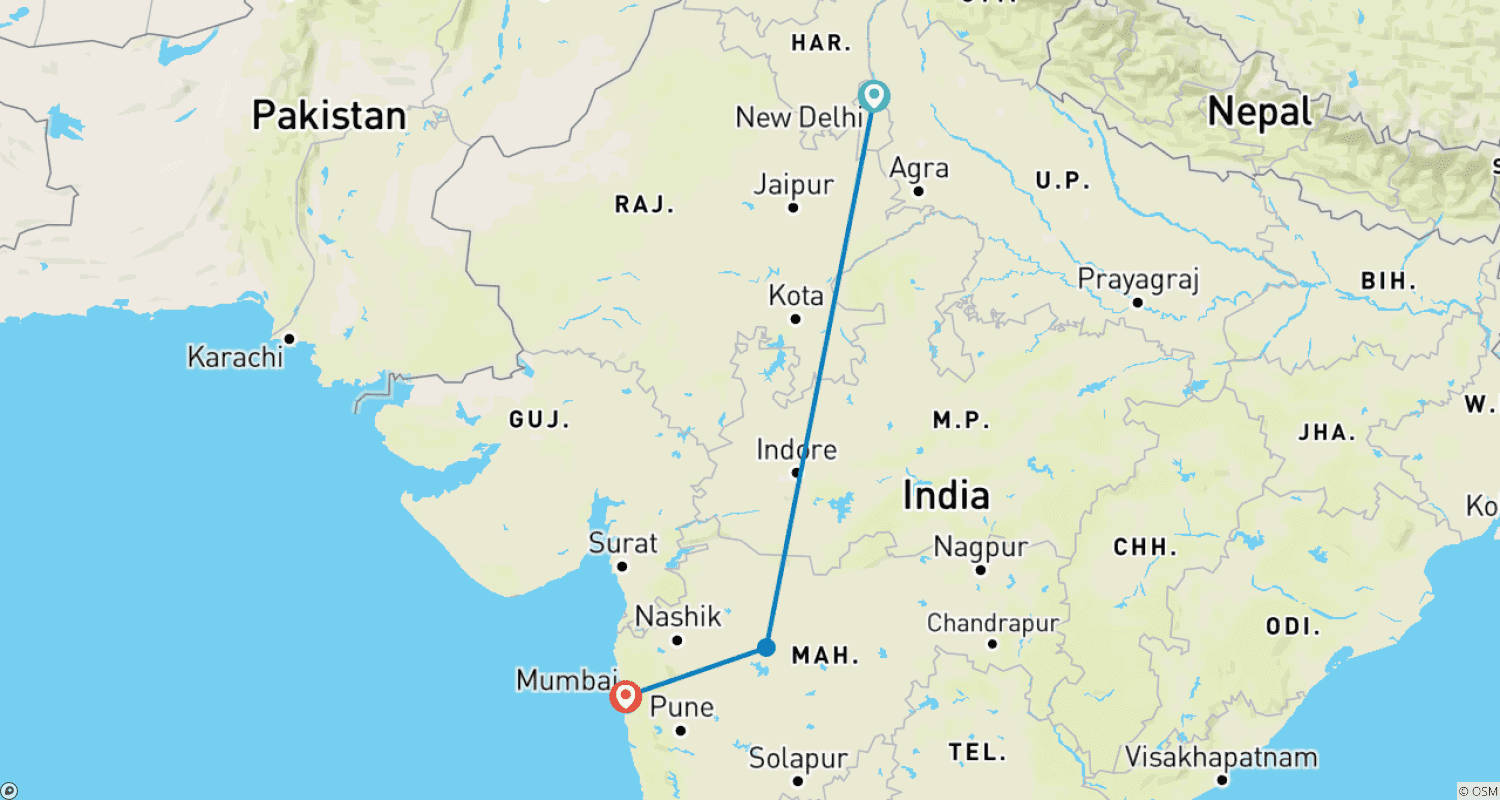 Mapa do percurso de Cavernas de Ajanta, Ellora e Elephanta