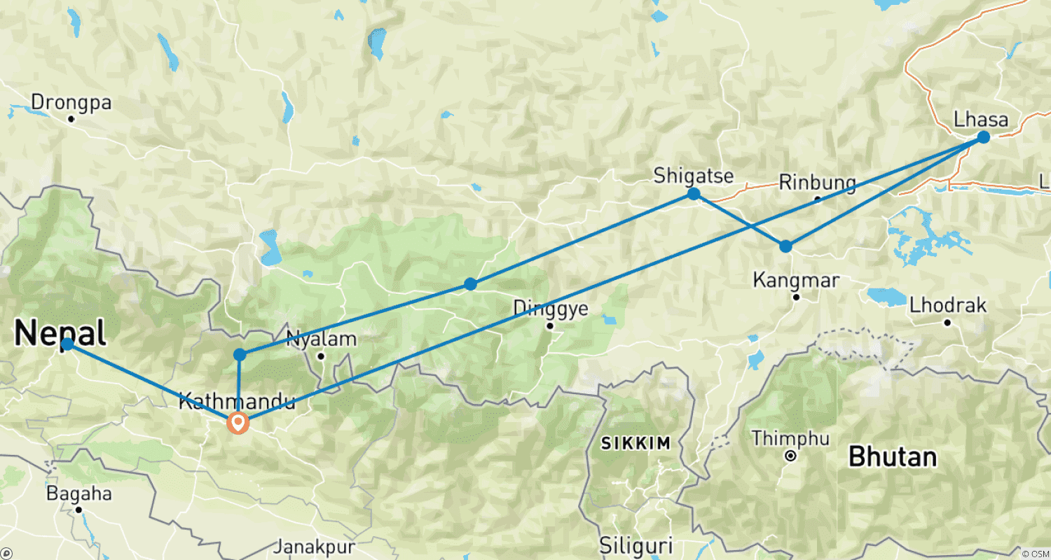 Mapa trasy: Kulturowa wycieczka po Nepalu i Tybecie (Baza pod Everestem-Lhasa)