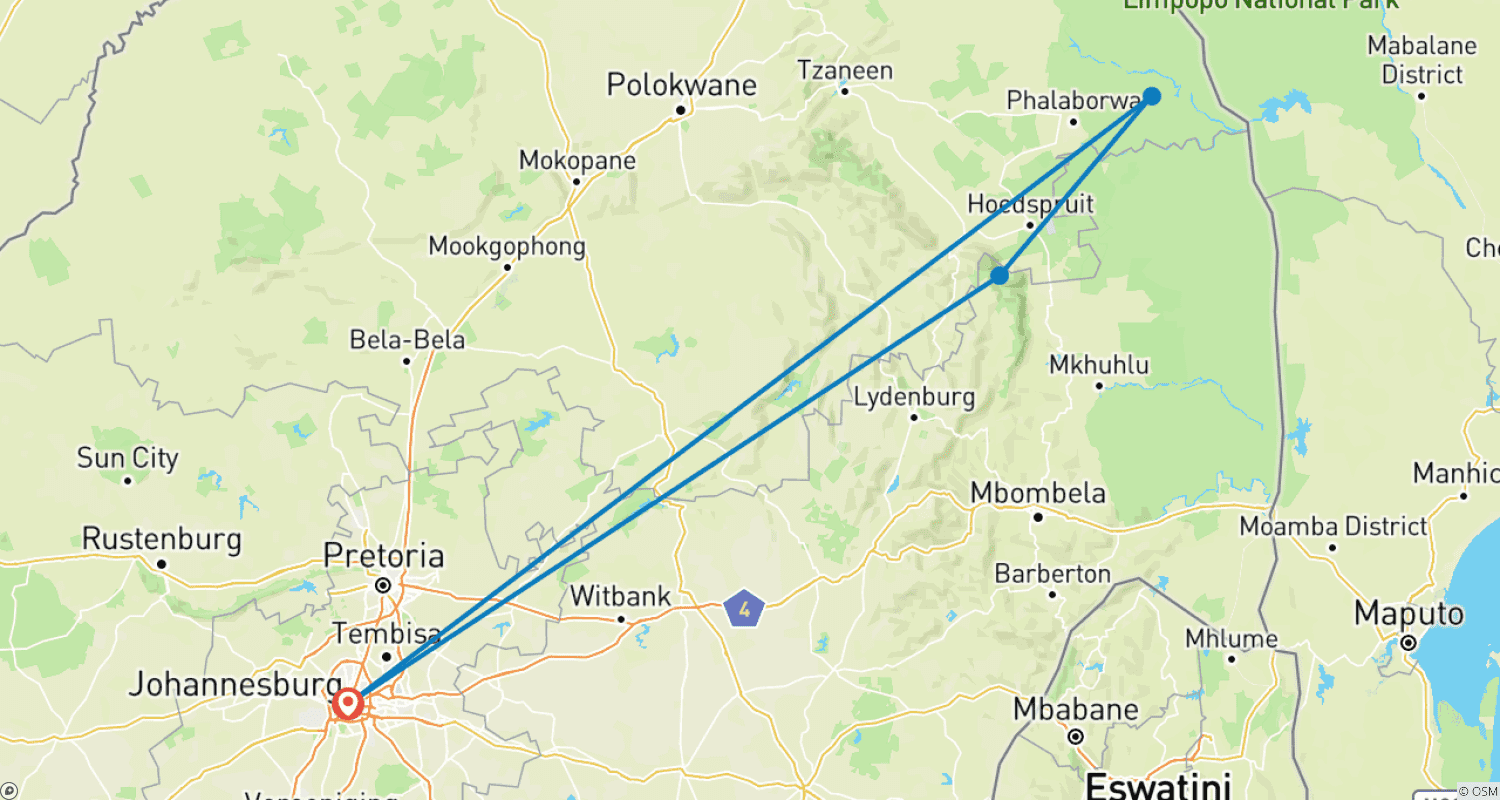 Mapa trasy: Luksusowe Safari w Parku Krugera i Trasa Panorama, Republika Południowej Afryki