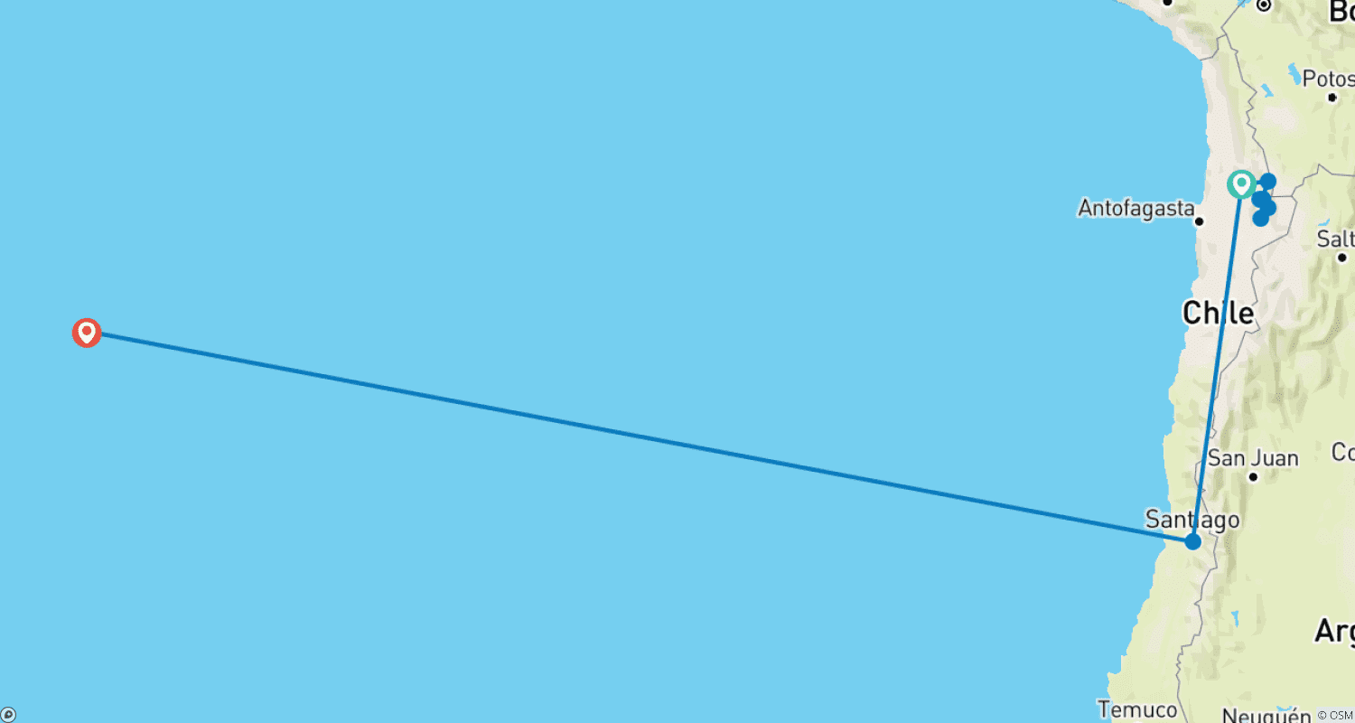 Mapa do percurso de 8 Dias de Experiência Única em San Pedro de Atacama e Ilha de Páscoa (Rapa Nui)