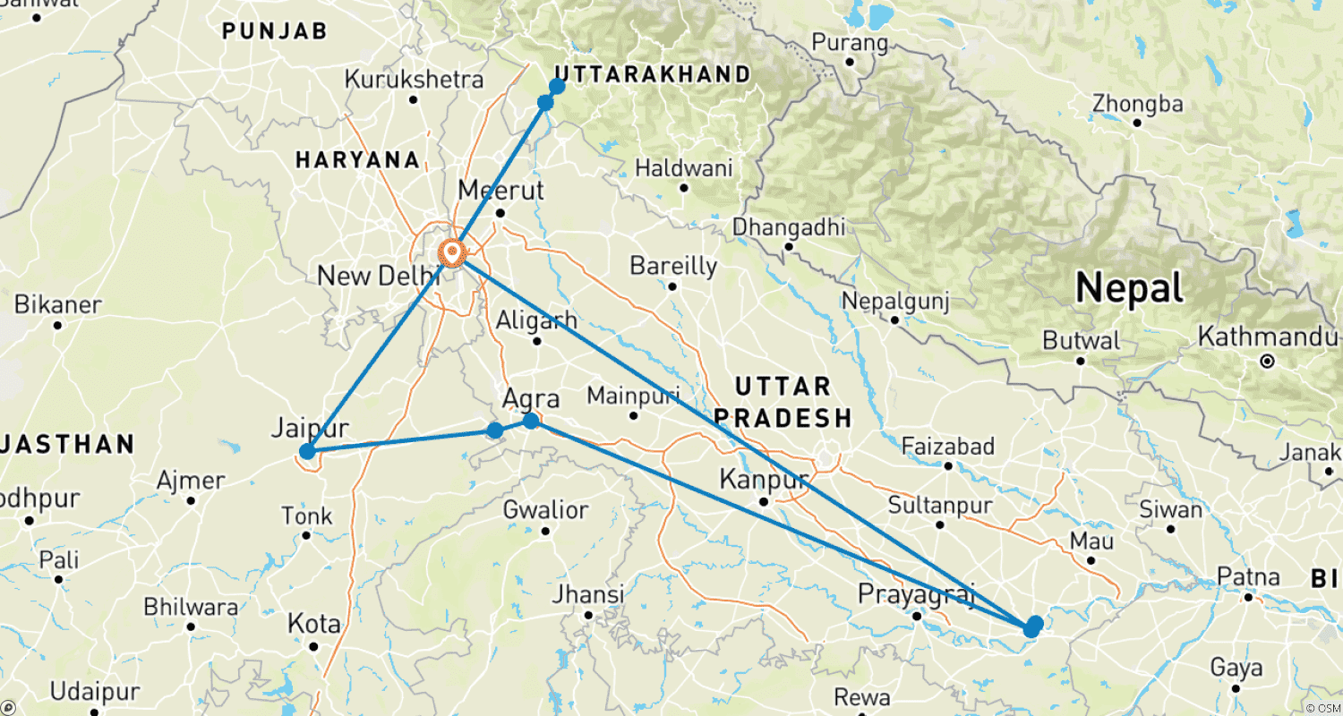 Mapa do percurso de Excursão Triângulo Dourado com as Cidades Sagradas de Rishikesh e Varanasi, 12 Dias