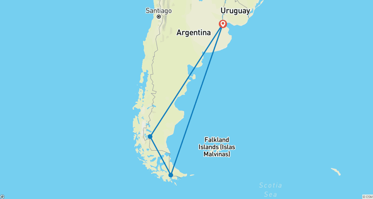 Mapa do percurso de Descoberta Premium de 8 Dias: Ushuaia e El Calafate partindo de Buenos Aires