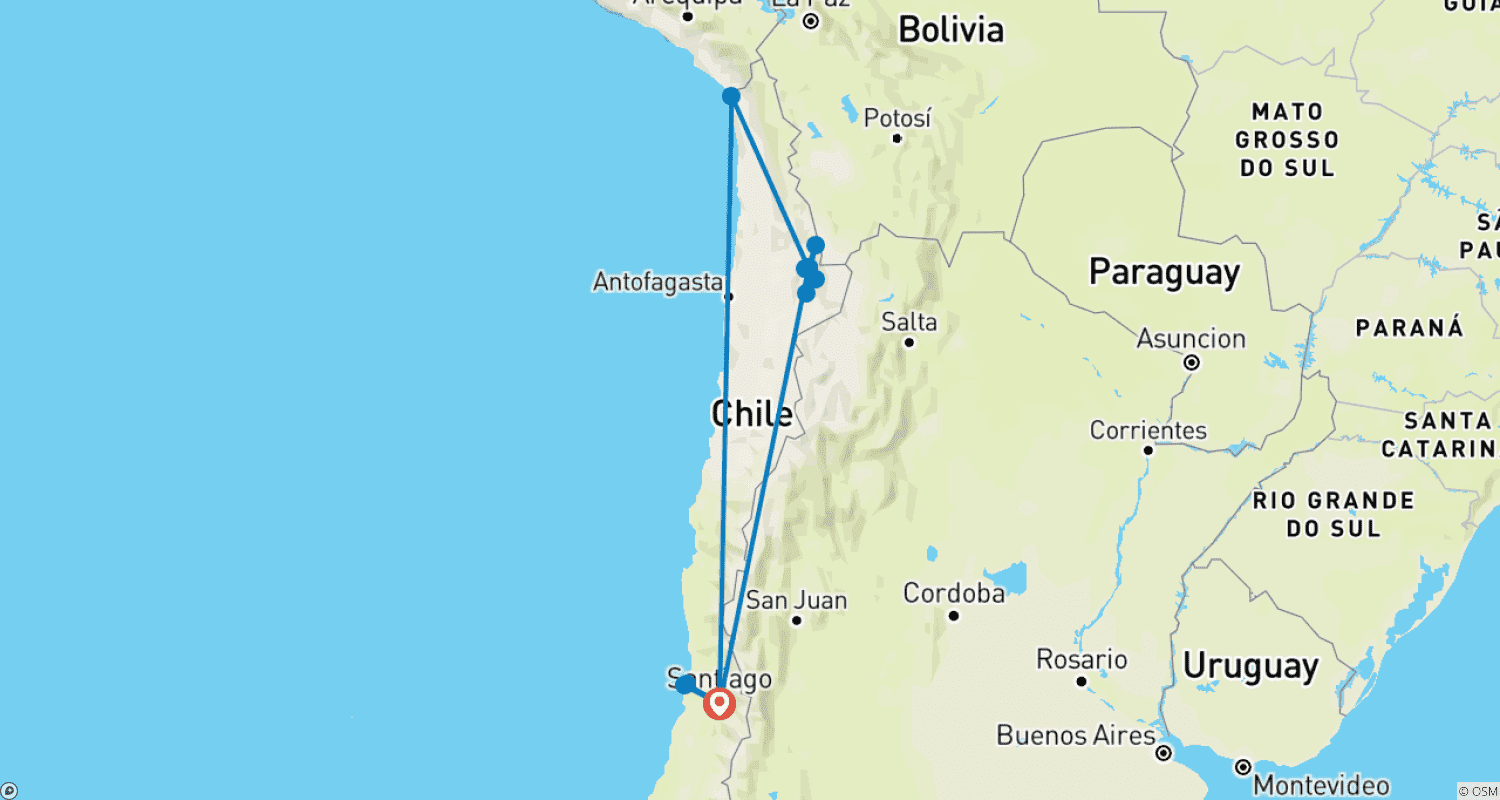 Mapa trasy: Chile: Santiago - Viña del Mar - Valparaíso - San Pedro de Atacama - Arica - 11 dni