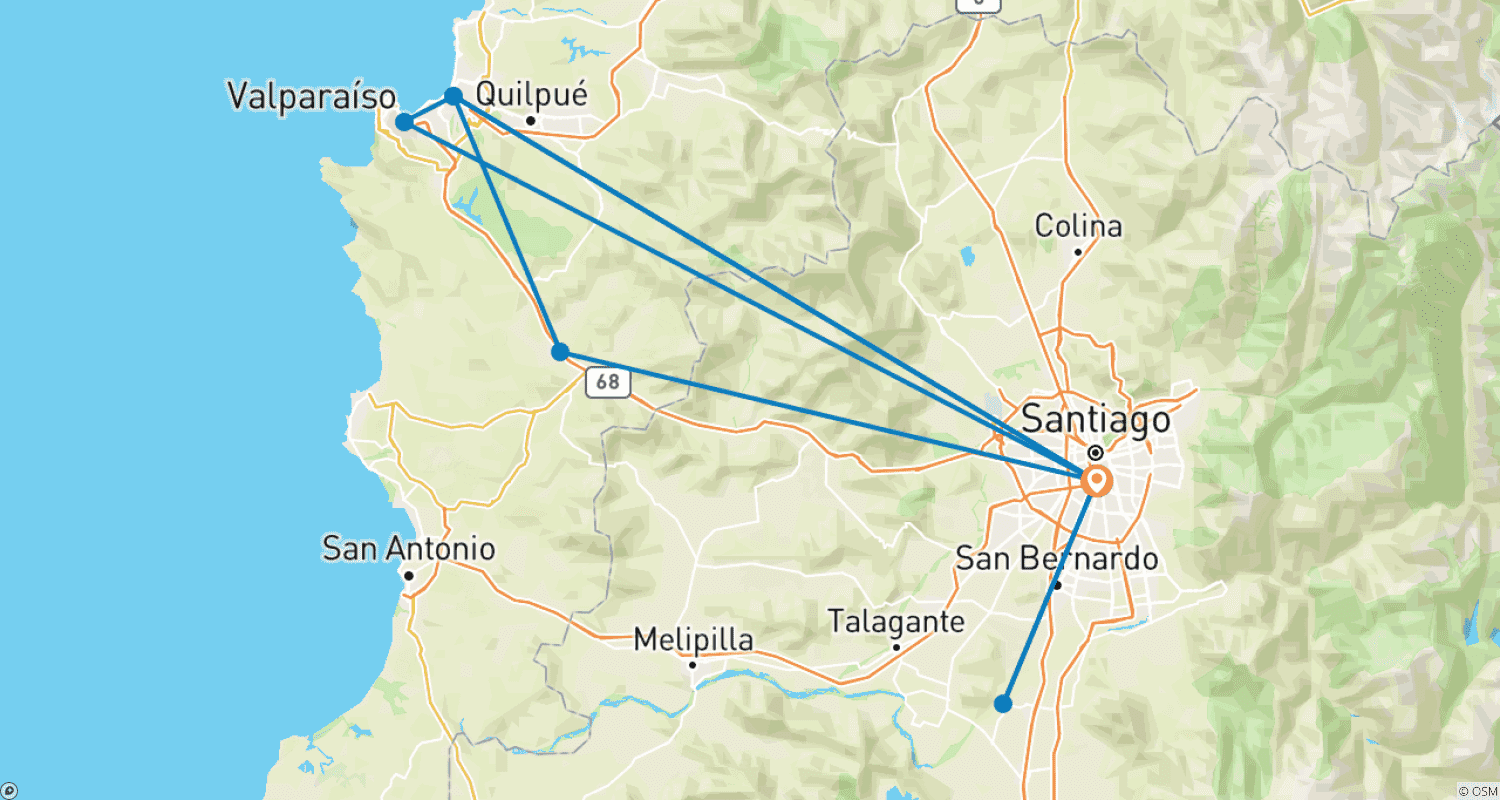 Mapa trasy: Chile: Santiago - Valparaíso - Viña del Mar - Winnice - 6 dni