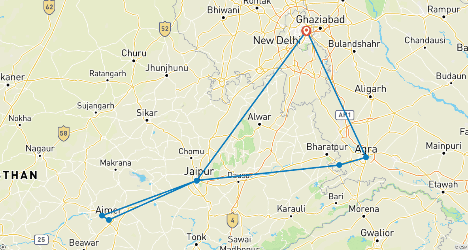 Mapa trasy: Popularna 7-dniowa wycieczka Złotego Trójkąta z Ajmer i Pushkar