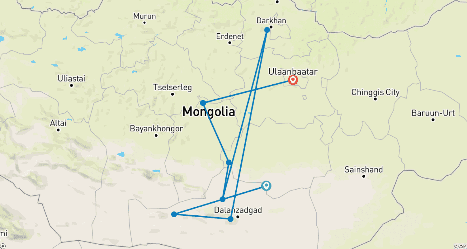 Mapa do percurso de Excursão ao Deserto de Gobi e Vale de Orkhon