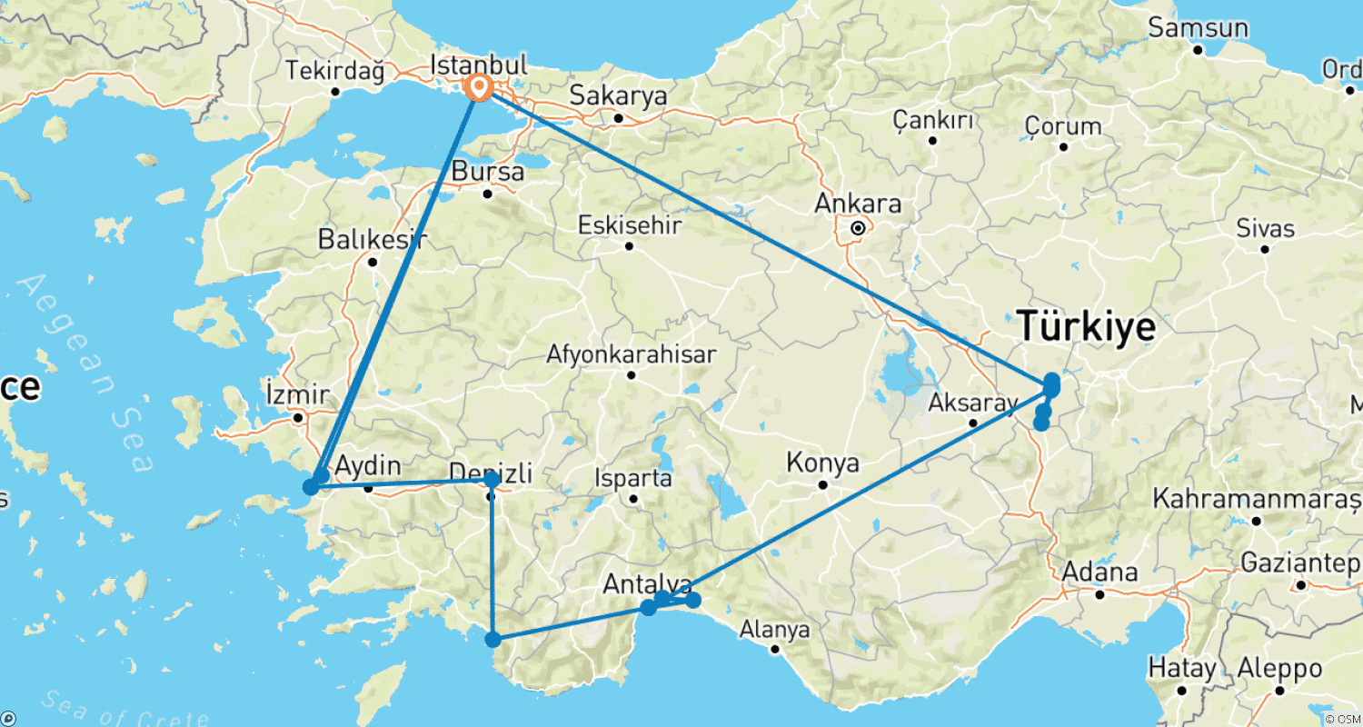 Mapa trasy: 12 dni – Pakiet wycieczkowy „Cała Turcja”
