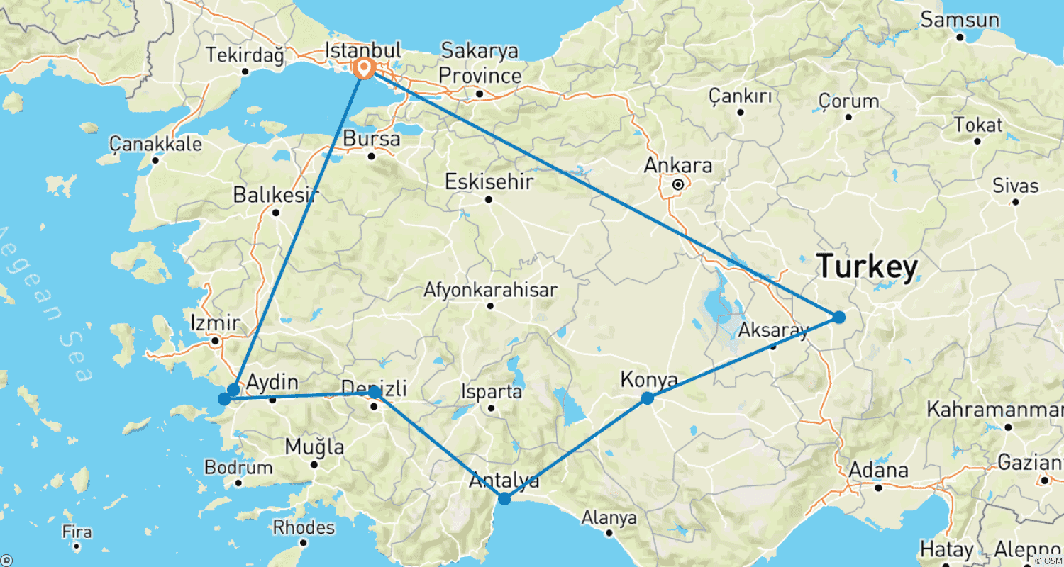 Mapa do percurso de 9 Dias - Viagem na Turquia
