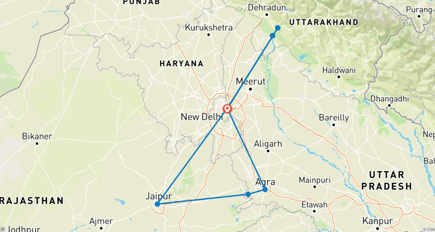 Mapa trasy: 10 Days Palatial Golden Triangle Tour With Haridwar And Rishikesh