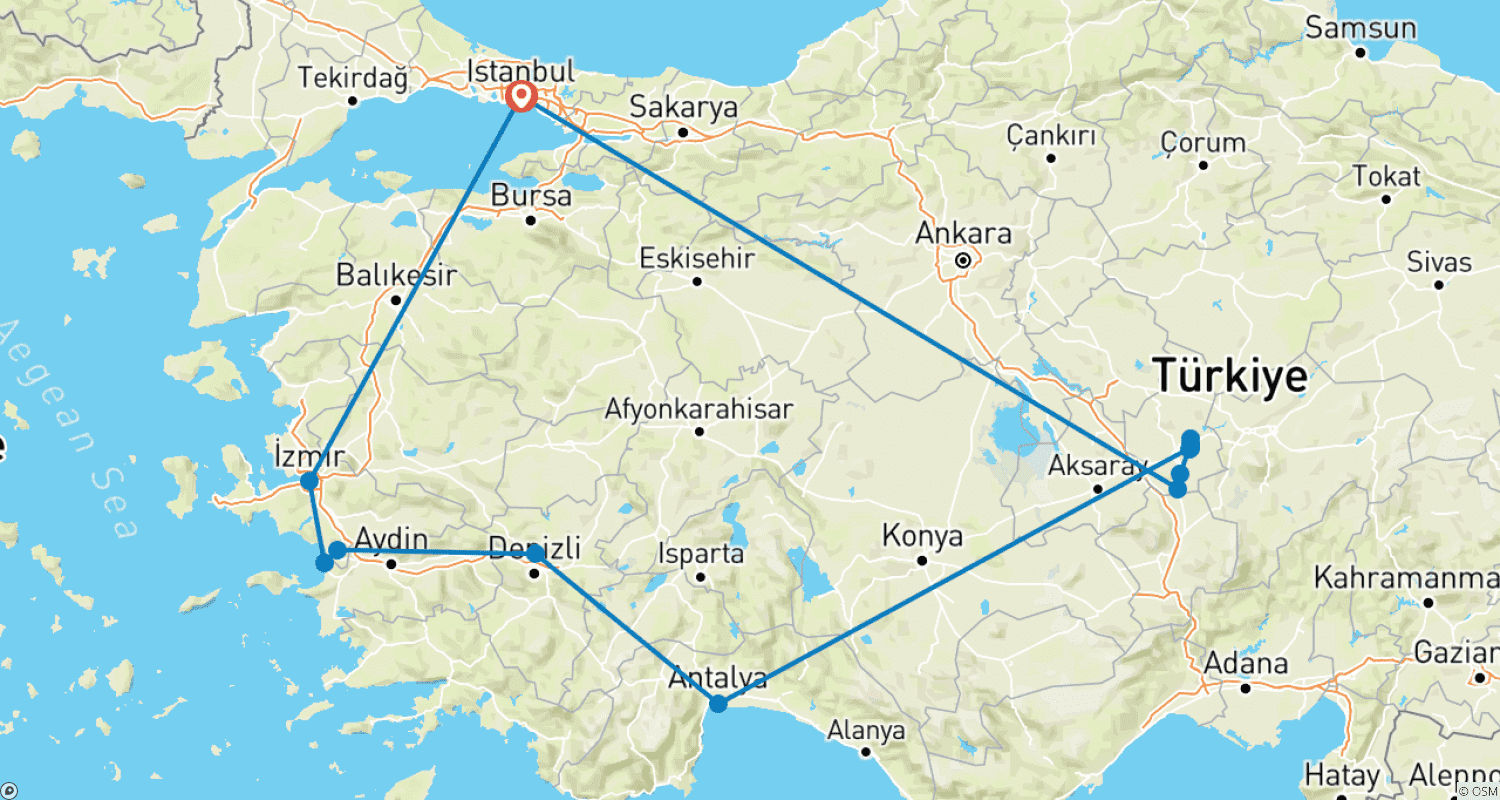 Mapa do percurso de 10 Days - All in One Turkey Tour Package