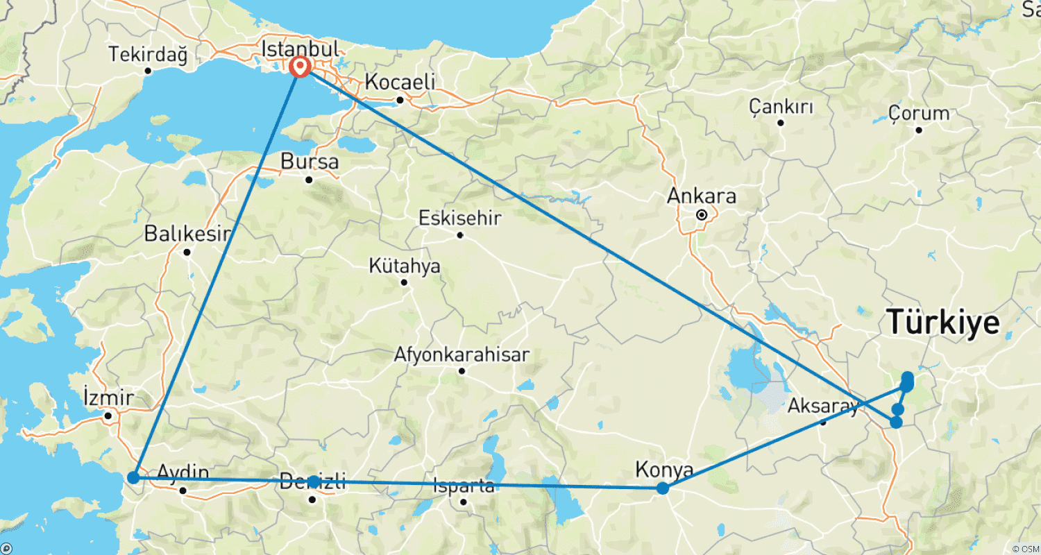 Mapa do percurso de 8 Dias - Excursão por Éfeso, Pamukkale, Konya, Capadócia e Istambul