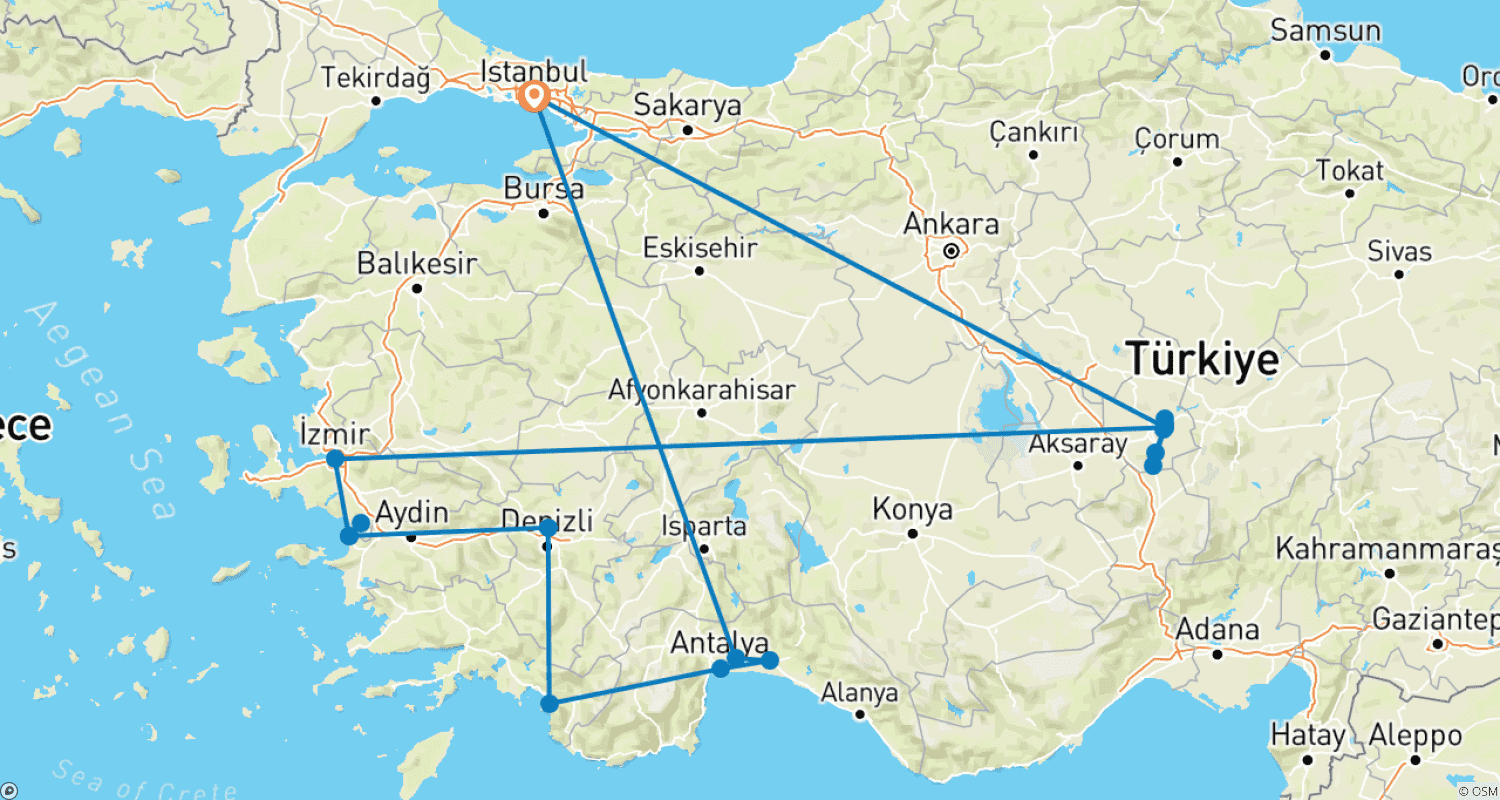 Mapa trasy: 8 Dni - Pakiet Kapadocja, Efez, Pamukkale, Fethiye i Antalya