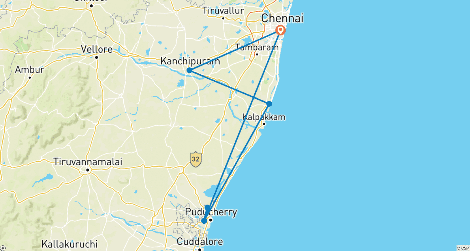 خريطة مسار معابد الشاطئ مع Pondicherry