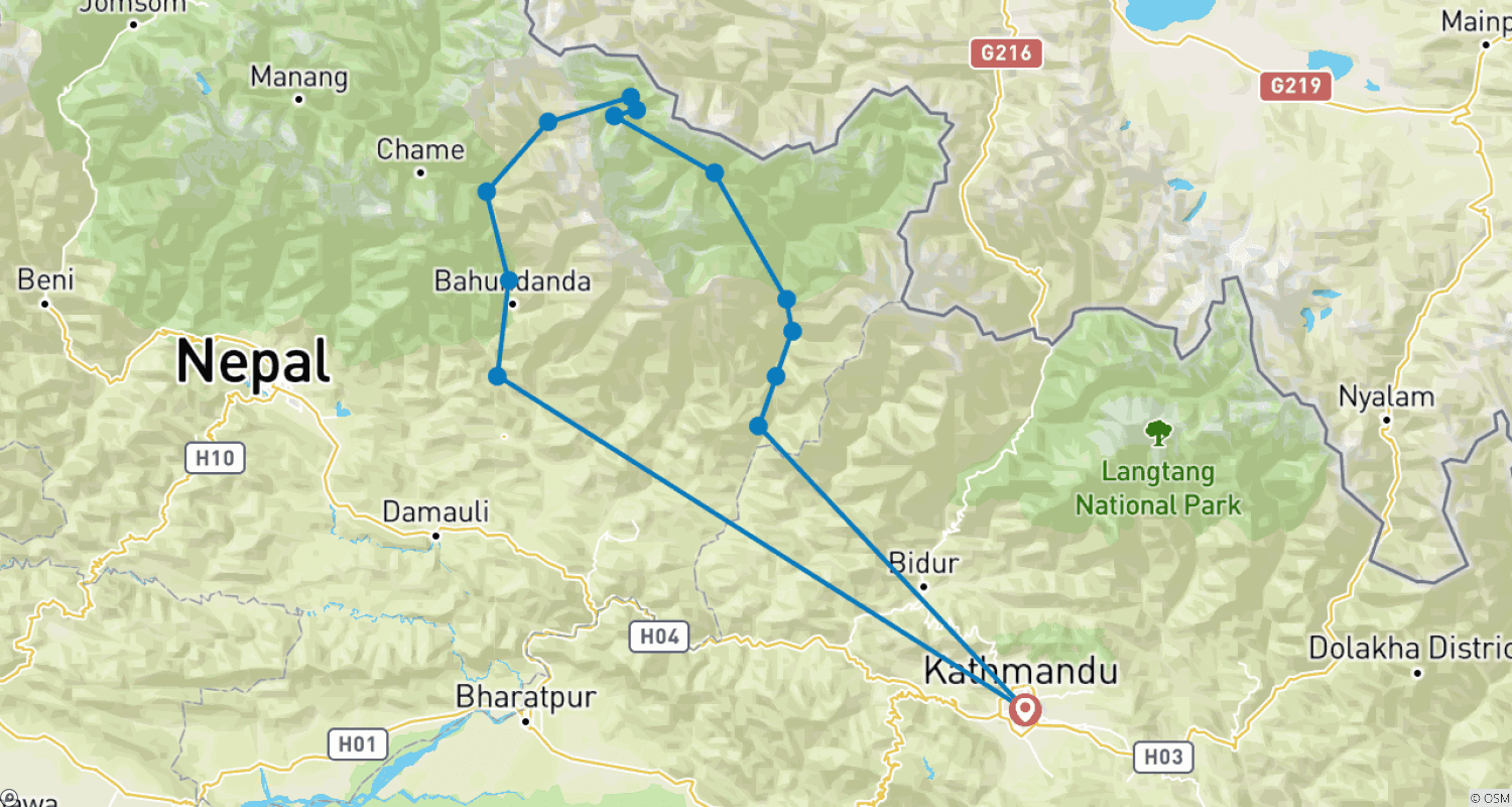 Mapa do percurso de Trekking do Circuito Manaslu (Passo Larke-La 5106 m) - Pacote Completo de 18 Dias