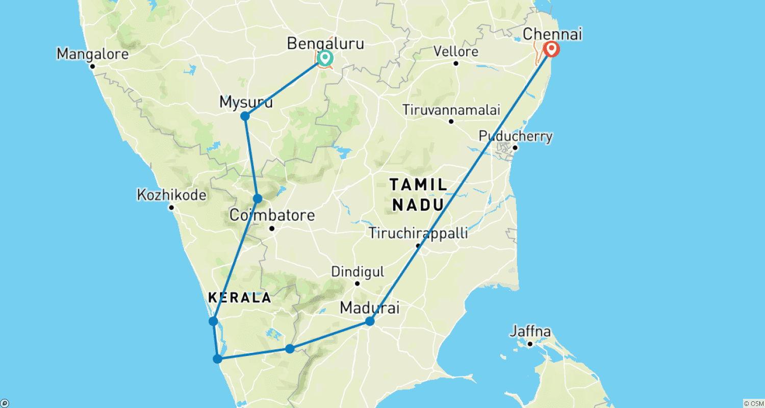 Mapa do percurso de 11 days Pearls of South India Tour with Luxury Houseboat Stay(All INCLUSIVE)