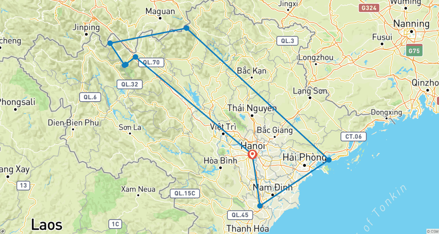 Mapa do percurso de Descoberta Hanói - Sapa - Baía de Ha Long - Ninh Binh 8 Dias 7 Noites