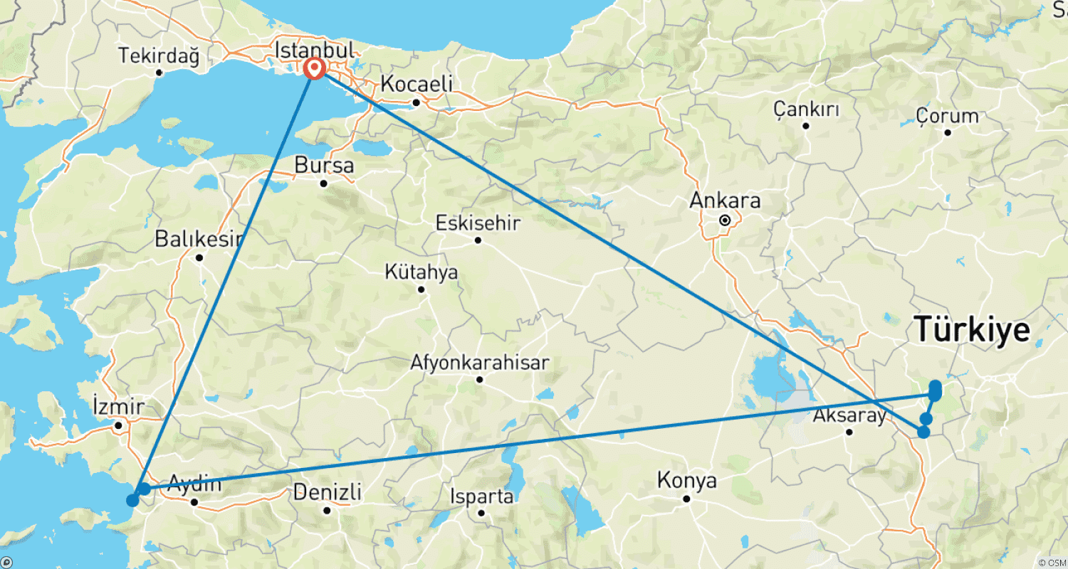 Mapa do percurso de 6 Dias - Excursão a Istambul, Capadócia e Éfeso