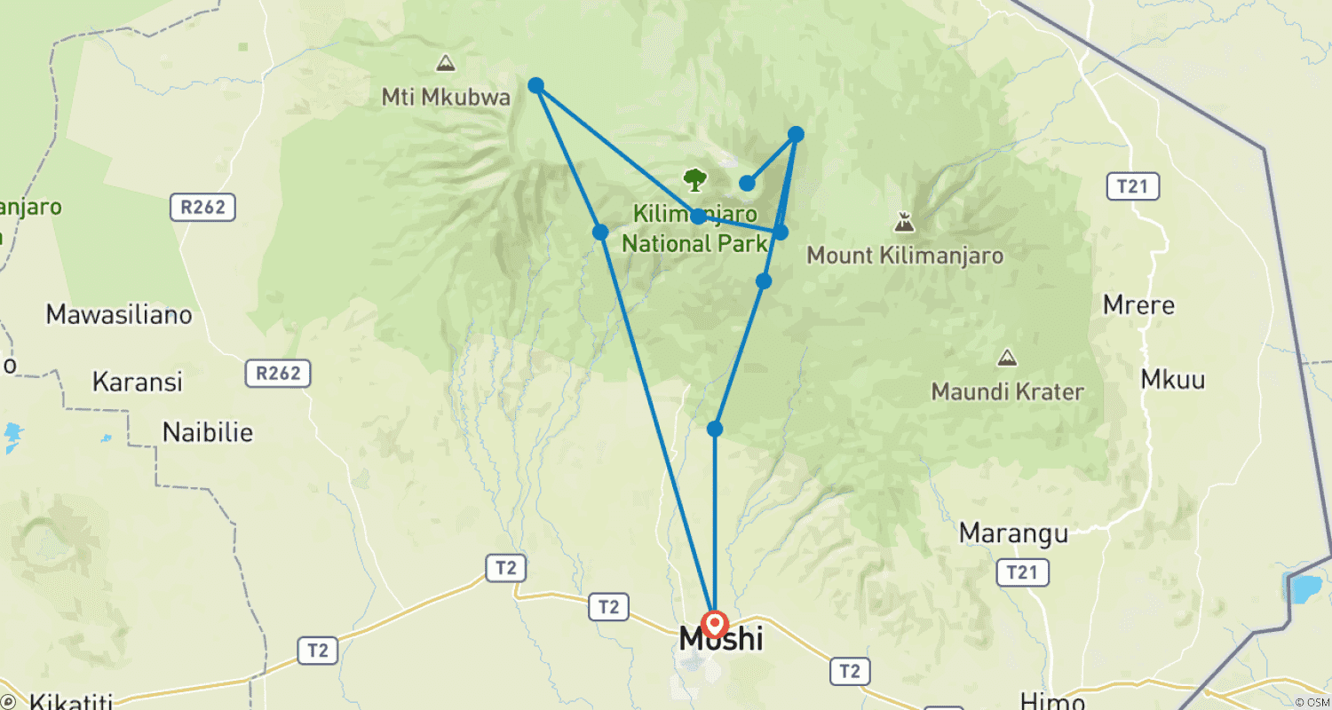 Mapa trasy: 8 Days Mount Kilimanjaro Climbing - Machame Route