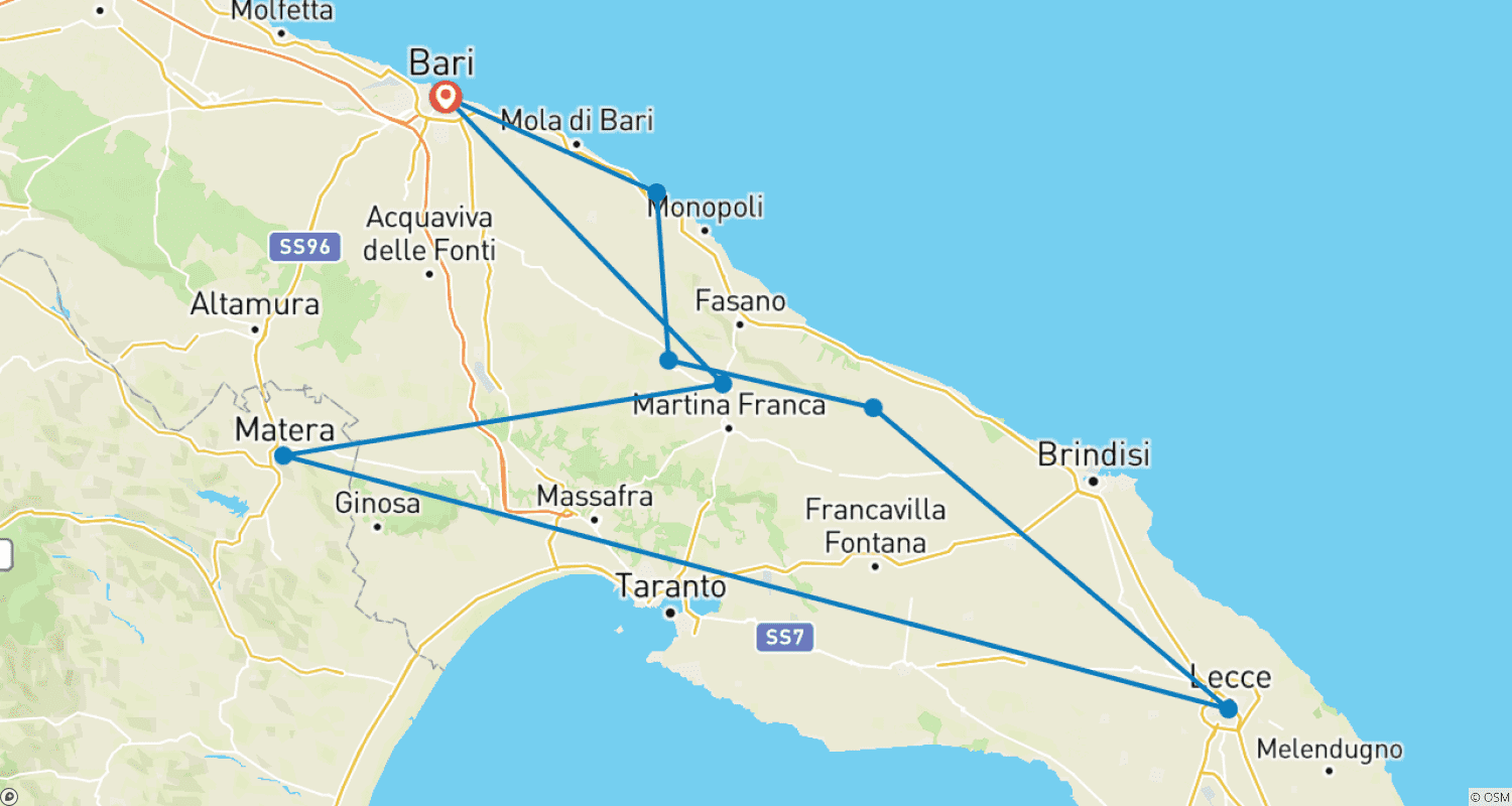 Mapa do percurso de Tour de Caminhada na Puglia