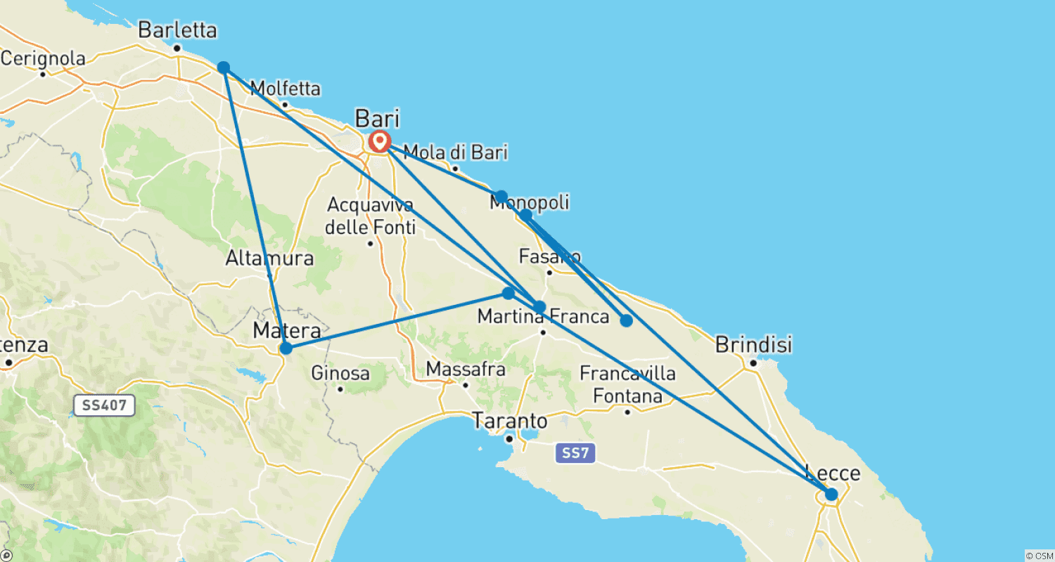 Mapa do percurso de Puglia Tour - a combinação perfeita de estilo de vida, cultura, história e gastronomia