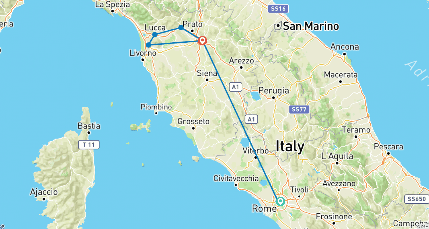 Tuscany and Rome 7 days Private Tourのルートマップ