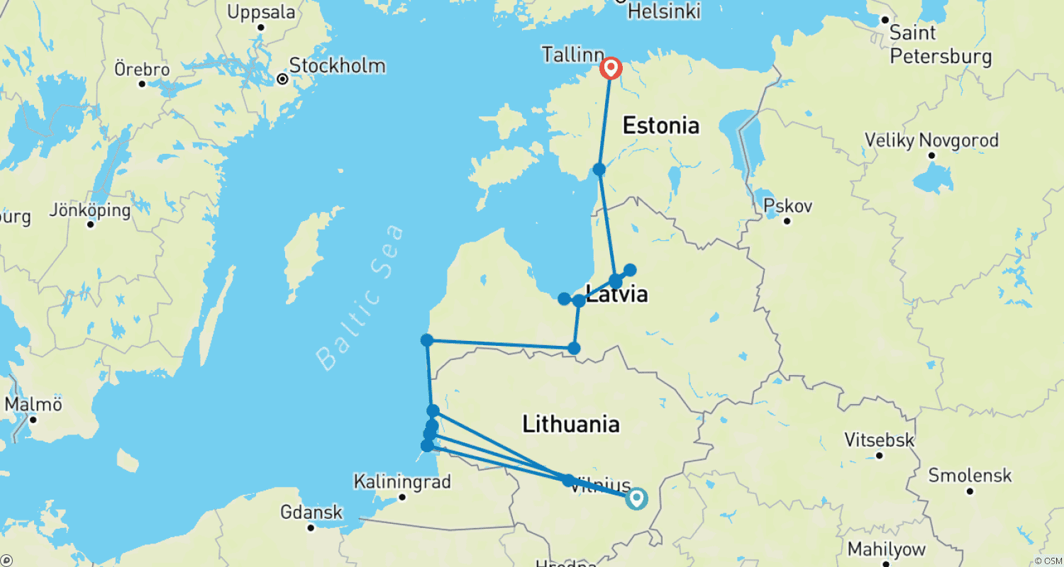 خريطة مسار جولة البلطيق الكلاسيكية لمدة 10 أيام (Vilnius - Nida - Liepaja - Riga - Tallinn)