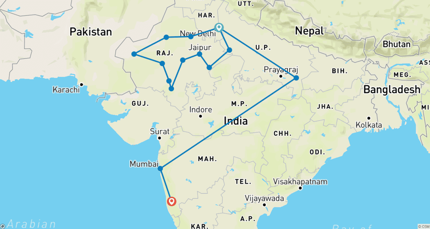 Essence of North India tour with relax on the beach in Goa, flights includedのルートマップ